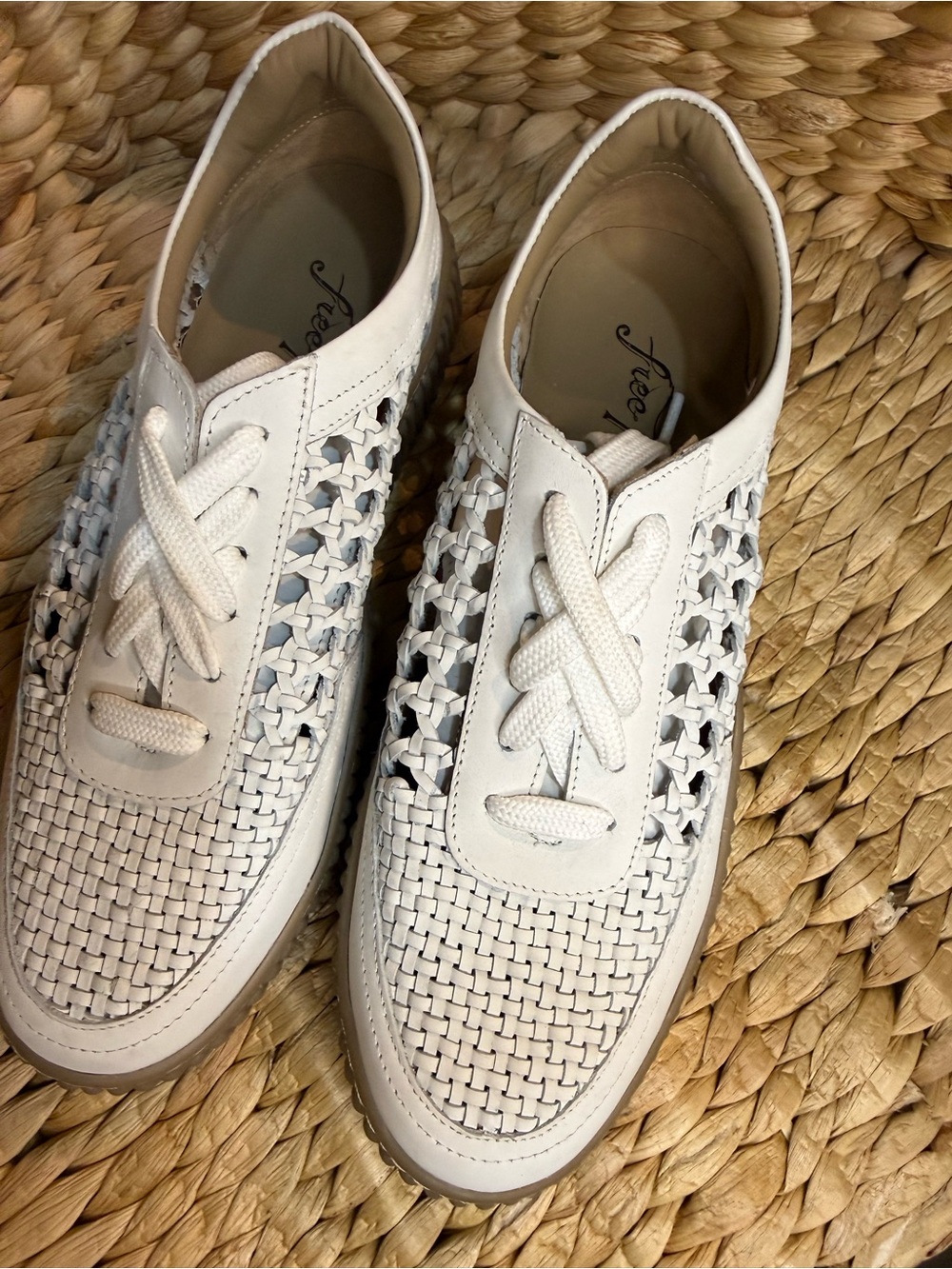Free People White Woven Leather Sneakers with Brown Sole Size 8.5